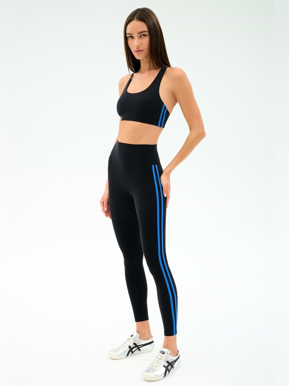 Splits59 Ella Airweight Bra and Leggings Black and Blue Stripe Set
